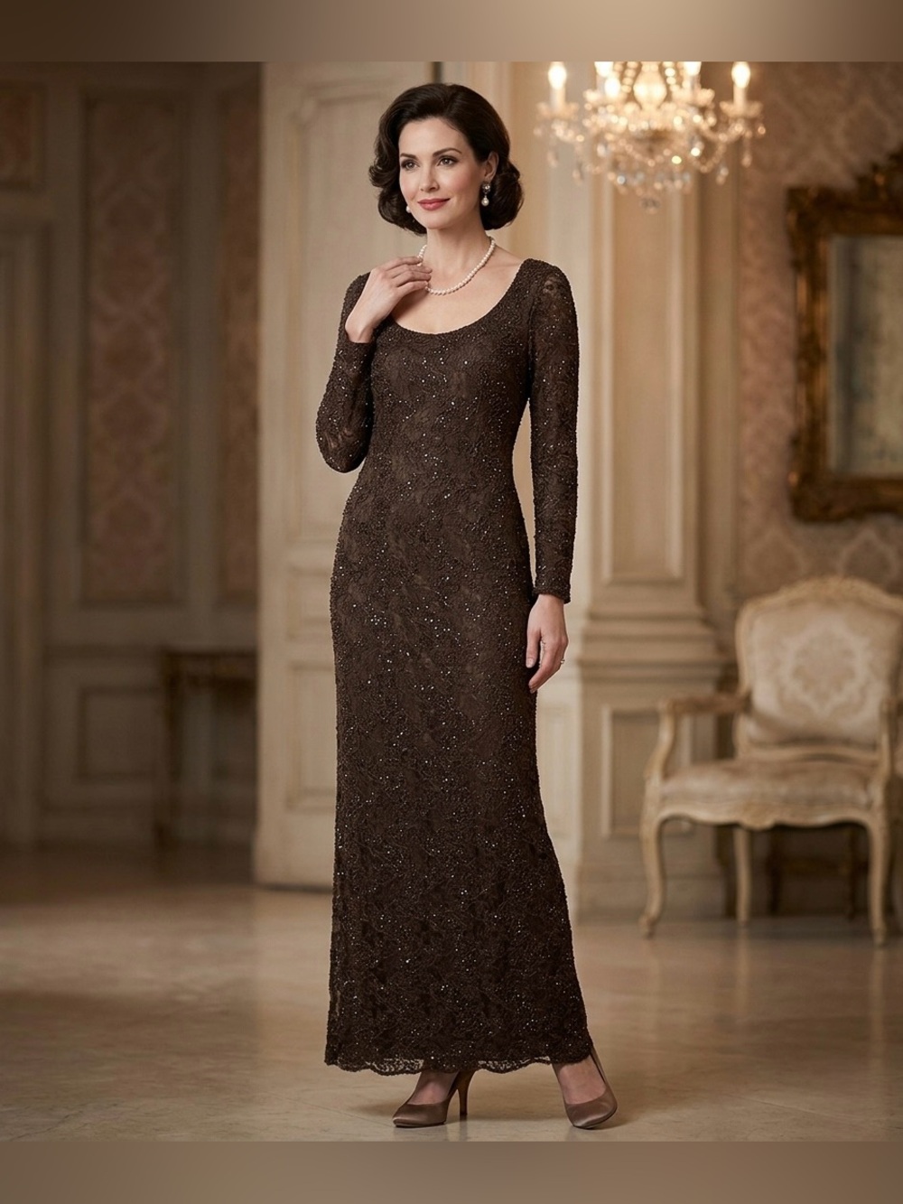 Vintage Niteline Women Brown Long Sleeve Maxi Dress size 6 Formal Gown Wedding